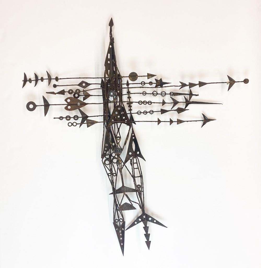 Artist Unknown Mid-Century Metal Wall Sculpture: Overall great condition. Wear commensurate with age. Rusted patina throughout. Approx. dimensions: 36 in. H x 32 in. W x 4 in. D. Weight: 3.6 lbs.