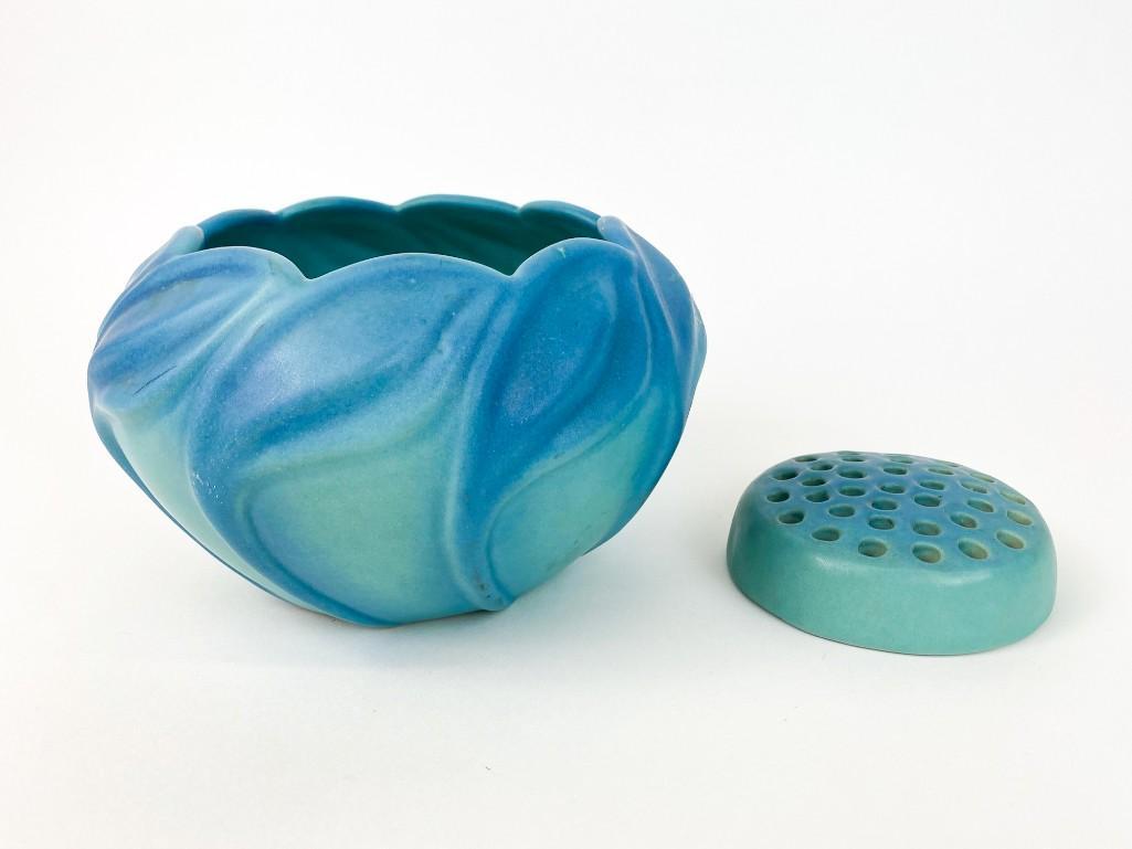 Vintage Van Briggle Blue Leaf Pot and Flower Frog (1 of 14)