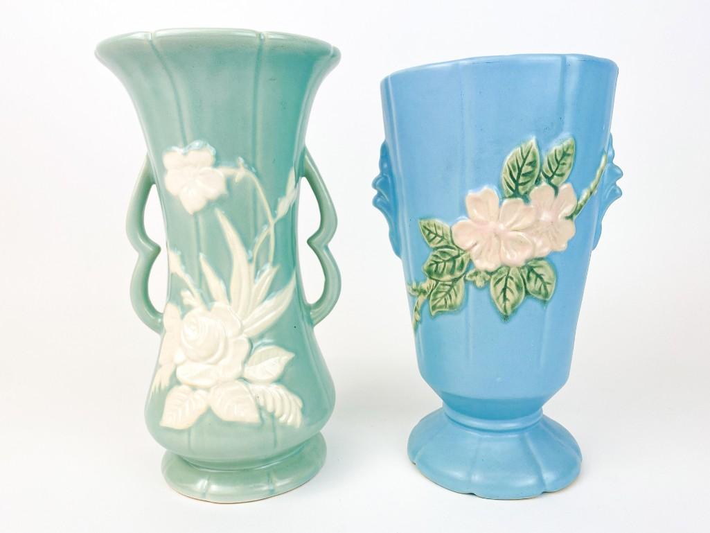 Lot of 2 Vintage Weller Pottery Blue Floral Vases (1 of 14)