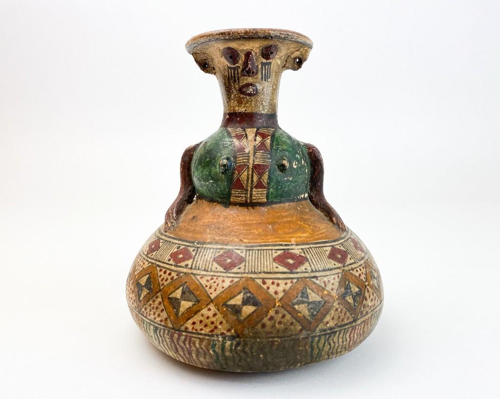 Pre-Columbian Polychrome Painted Figural Clay Bottle (1 of 9)