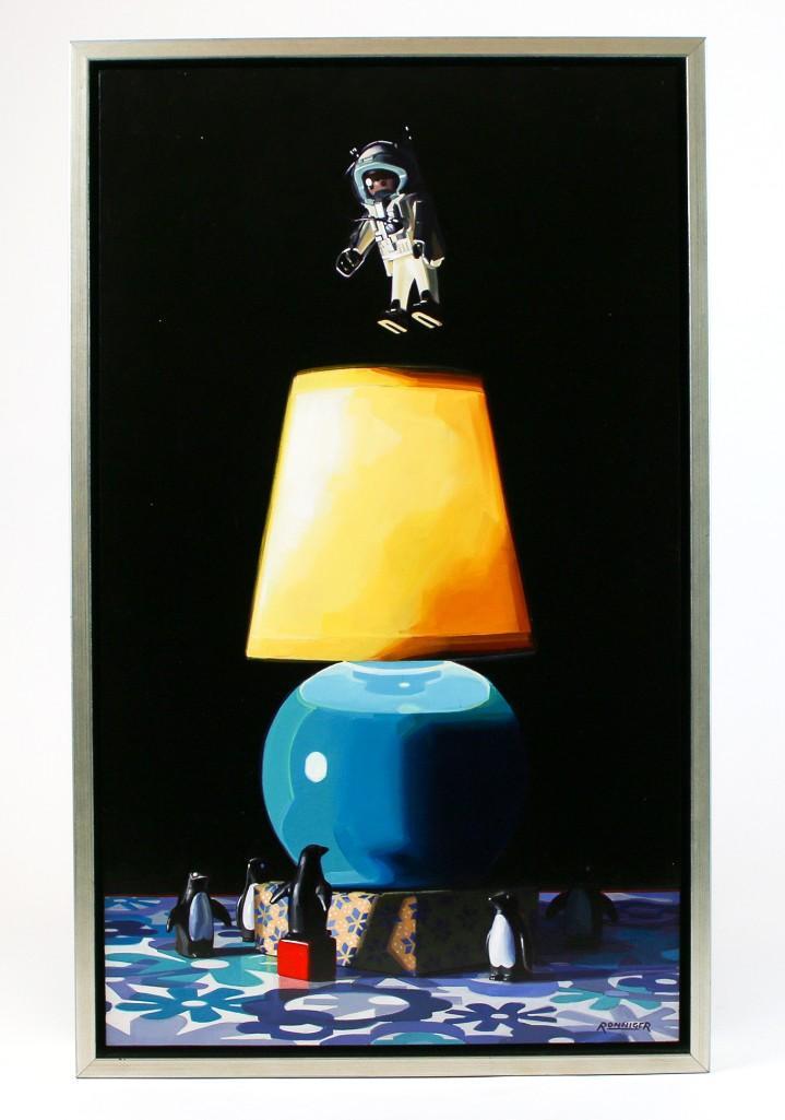 Nate Ronniger (b. 1977) Oil on Panel: Nate Ronniger Oil on Panel. Still Life with Robot, Lamp, Penguins, and Box. Excellent condition. Approx. 24 in x 12 in. 5 lbs 1 oz weight. Signed on Recto, bottom right corner.