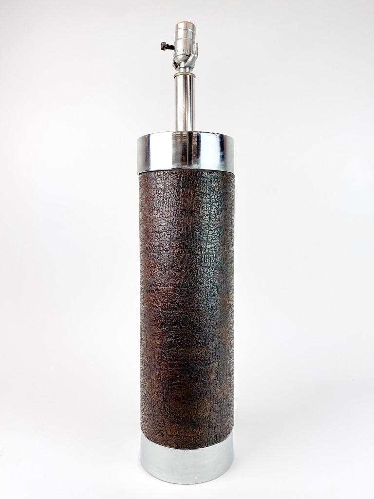 Designer Cylindrical Chrome & Faux Leather Lamp (1 of 5)