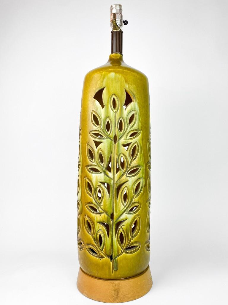 Avocado Green Glaze Pierced Leaf Pattern Ceramic Lamp (1 of 5)