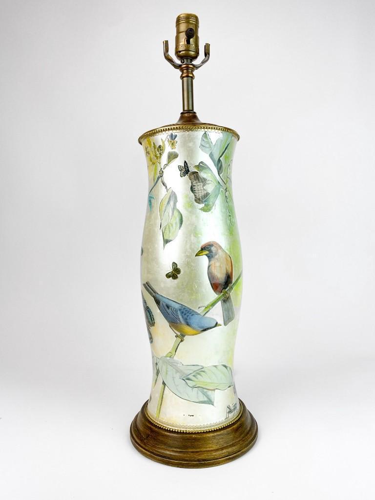 Reverse Painted Verre Eglomise Birds Butterflies Lamp (1 of 9)