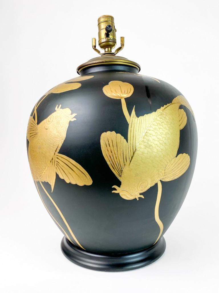 Matte Black Glaze Porcelain Asian Koi Fish Table Lamp (1 of 5)