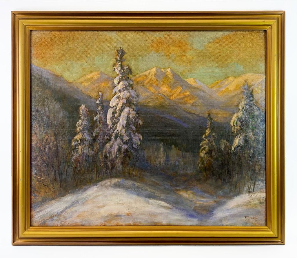 David Stirling (Colorado, 1887-1971) Oil on Masonite: Painting of Estes Park, Colorado. Frame approx. 35 in x 41.5 in. Visible approx. 29.5 in x 35 in. Weight: 12.2 lbs. Excellent condition with some minor wear on frame.