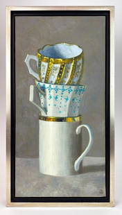 Olga Antonova (Russia/America, b. 1956) Oil on Canvas: Titled "Three Stacked Cups." Excellent condition. Frame approx. 22 in. H x 12 in. W. Visible approx. 20 in. H x 10 in. W. Weight: 3.3 lbs. Depicting three unmatching gold-rimmed porcelain teacups