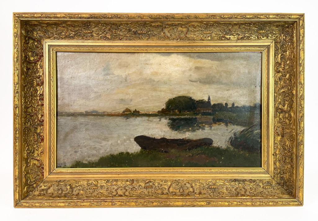 Signed Cloudy Countryside Lake Scene, Oil on Canvas (1 of 6)