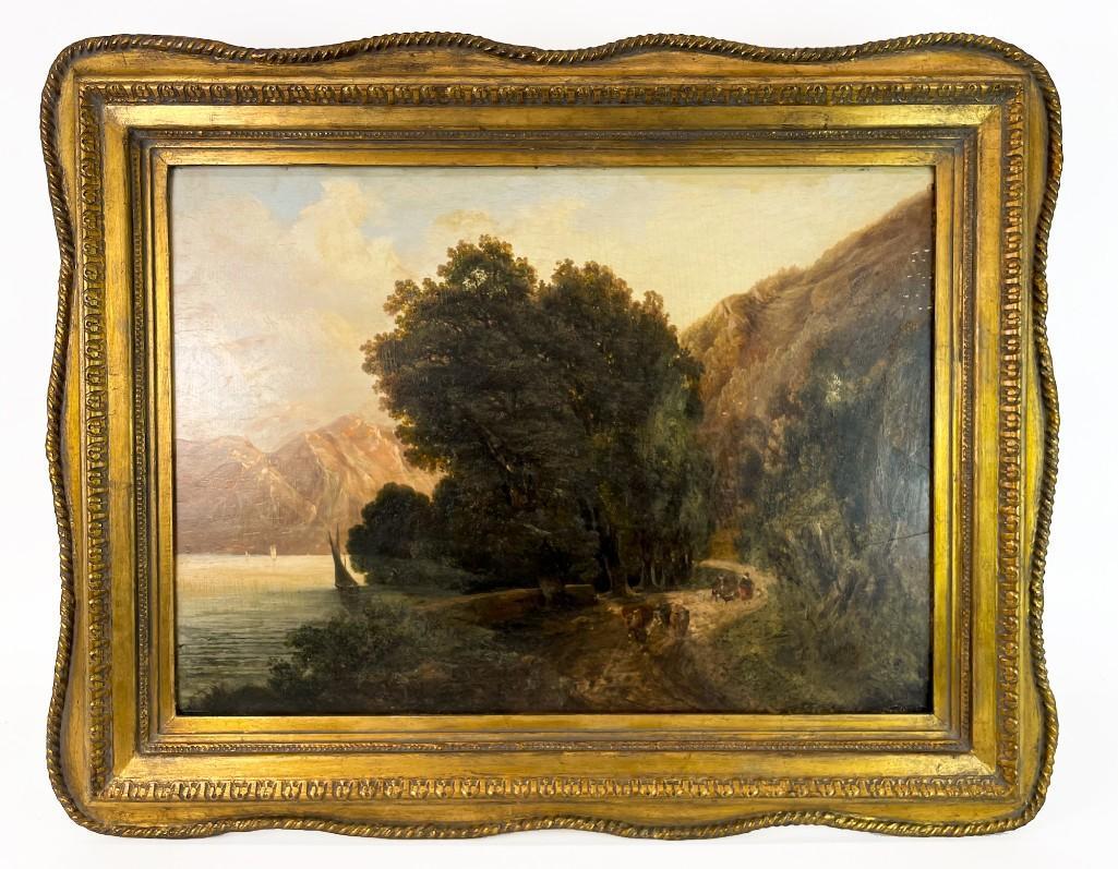 Unsigned Oil on Board Mountain Scene w/ Cattle & Dogs (1 of 5)