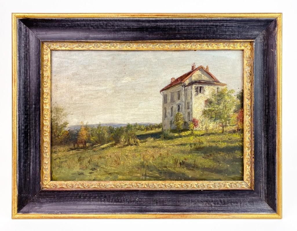 Original Oil Painting on Board, Farm House in Field: Unsigned. With one horse and big spacious sky above. Morning lighting. Overall good condition. Frame approx. 13 in. H x 17 in. W. Visible approx. 8.5 in. H x 12.5 in. W. Weight: 2 lbs.