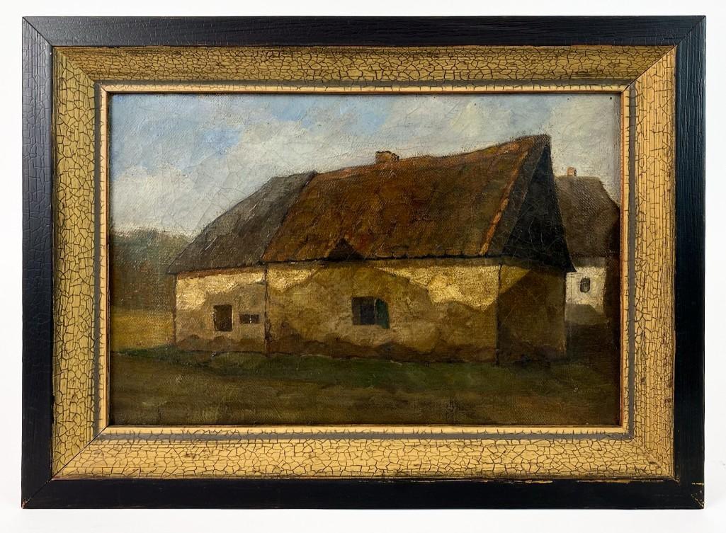 Signed Original Oil Painting on Canvas, Barn: An old, simple barn with the sunset shadow of nearby mountains being cast upon its front. Dramatic for its size. Inscribed on back in pencil apprears to read "Schneider, George". Overall Excellent con