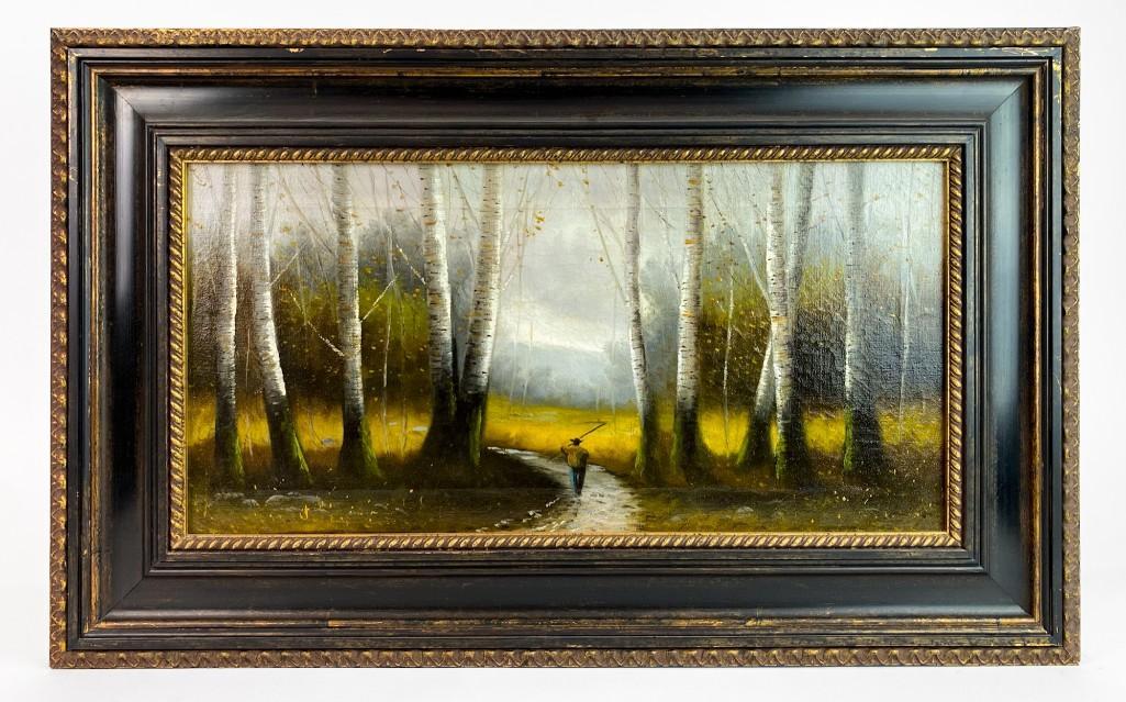Original Oil on Canvas, Man on Path: Birch forest, yellow meadow and fly fisherman in creek. Unsigned. Slight crease present in canvas from front pushing. Overall good condition. Frame approx. 16.5 in. H x 26 in. W. Visible approx. 9 in.