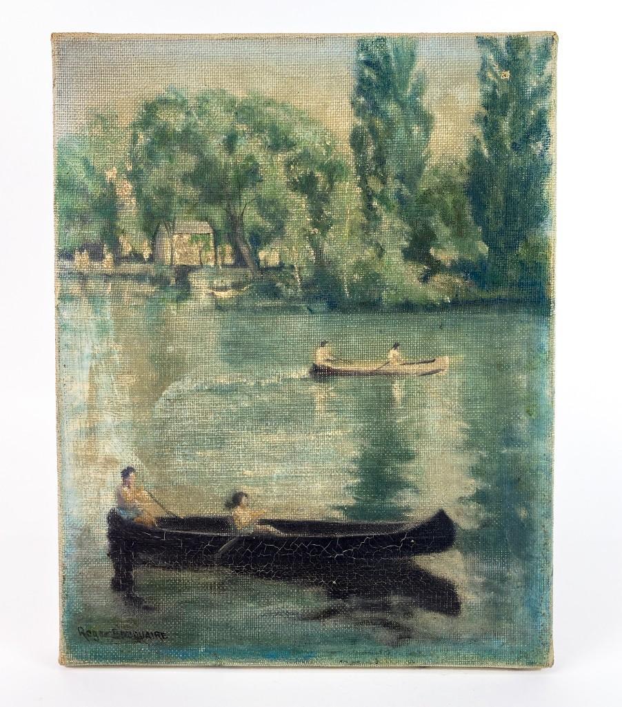 Small Signed Original Oil Painting People in Canoes (1 of 5)