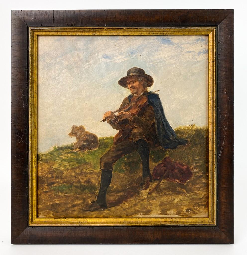 Original Oil Painting on Board, Man with Fiddle & Dog: Unsigned. Overall good condition. Frame approx. 11.5 in. H x 11 in. W. Visible approx. 9.5 in. H x 9 in. W. Weight: 1 lb. Interesting square format with a sweet scene of dog indifference as this trave