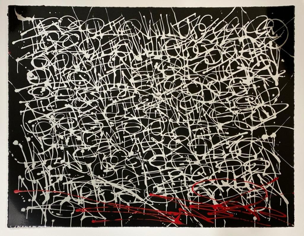 Saber (b. 1976) Screen Print on Metallic Paper Signed: Saber (b.1976) Screen Print on Silver Metallic Paper Hand Signed on front in paint and hand signed and numbered on back in ink. Approx. 16 in x 20 in.