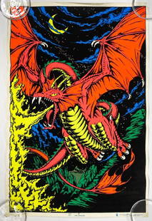 Vintage Blacklight Poster Scorpio Fire Dragon: Vintage âFire Dragon Blacklight Poster by Scorpio Posters Brooklyn New York. Some tape residue and rips at corners, damage at lower center, minor bends extending the width of the poster. Approx. 34.5