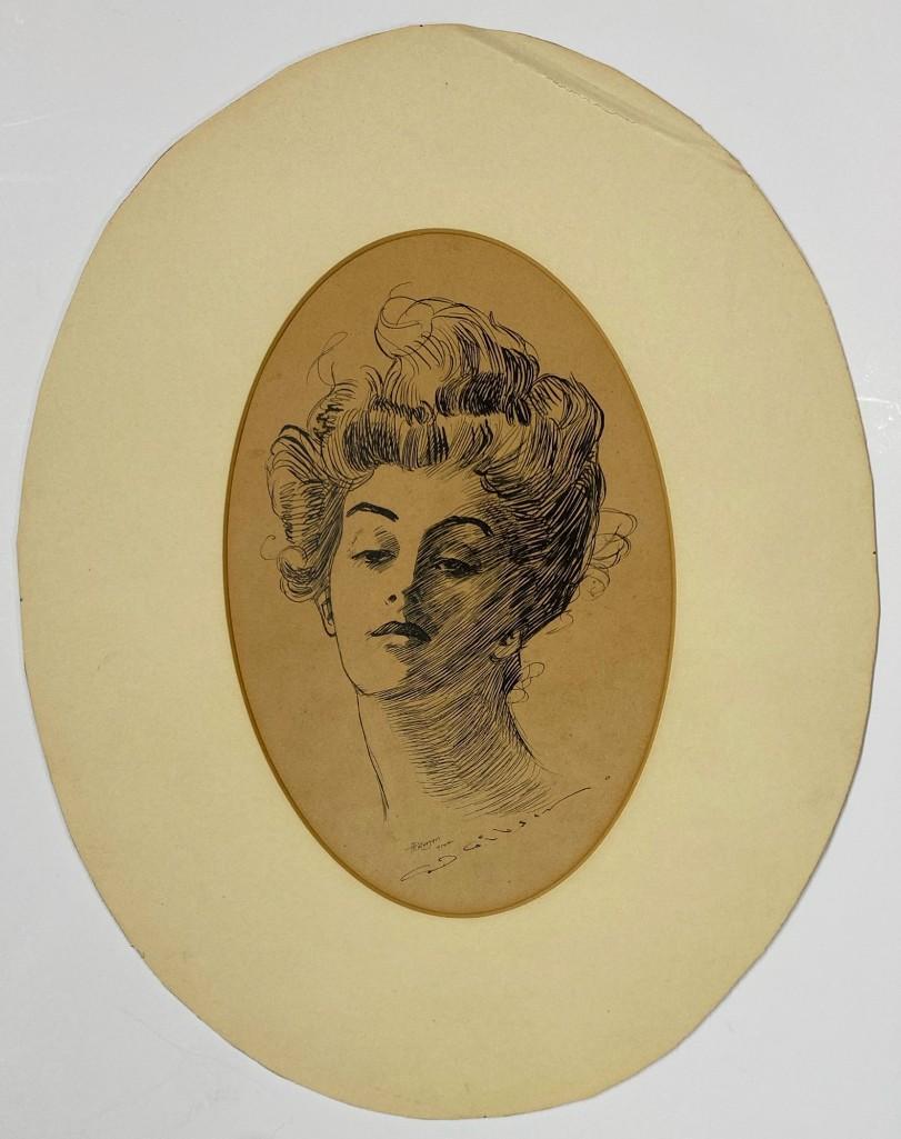 Vintage Gibson Girl Print: Fair condition. Discoloration throughout. Approx dimensions: visible: 9 in. H x 6 in. W., matte 14 in. x 11 in. W.