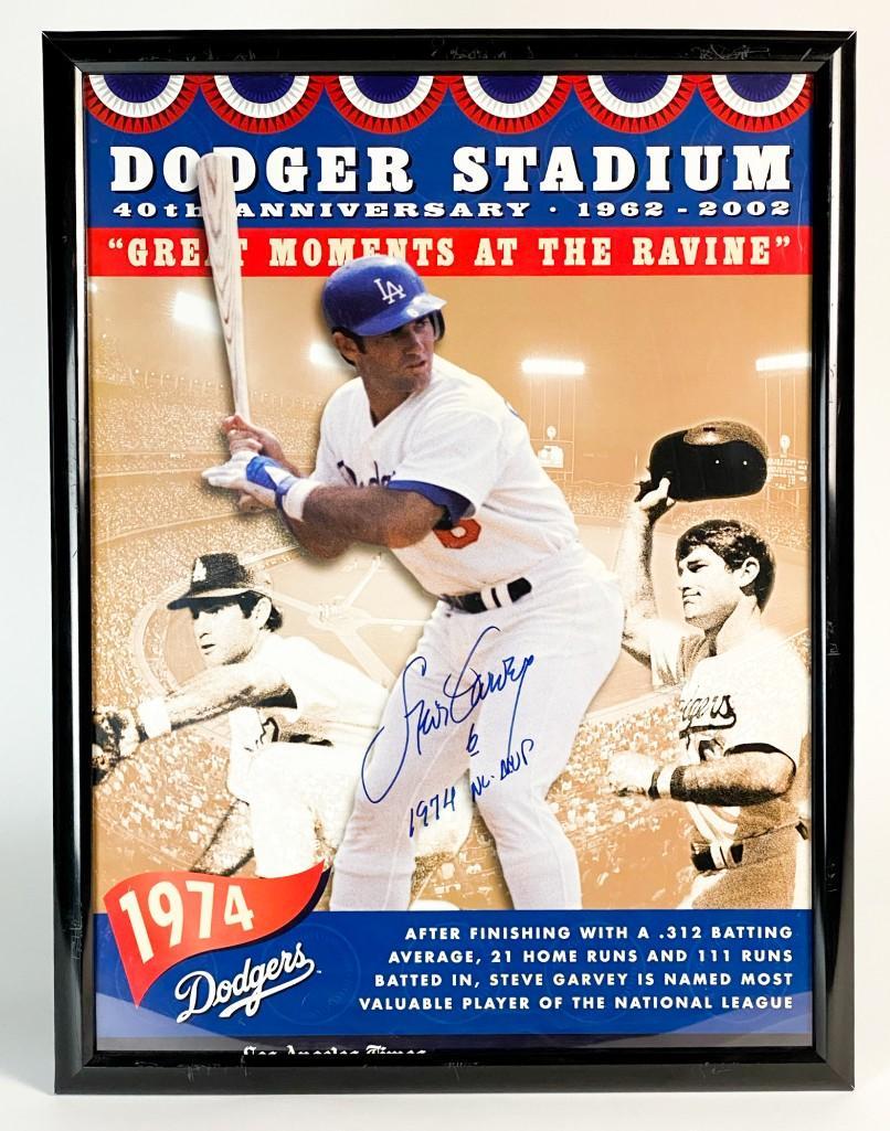 Steve Garvey Signed Dodgers 40th Anniversary: Steve Garvey Signed Dodgers 40th Anniversary Commemorative Poster. Overall good condition. Frame approx. 25 in. H x 19 in. W. Visible approx. 22 in. H x 17 in. W. Weight: 1.8 lbs.