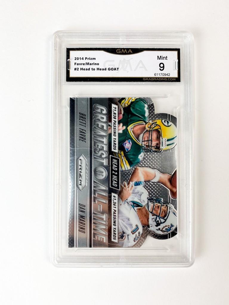 2014 Prizm Favre/Marino #2 Head to Head GOAT GMA MINT 9: 2014 Prizm Favre/Marino #2 Head to Head GOAT GMA MINT 9 NFL CARD. Condition is as shown. Approx. dimensions 5.5 in H x 3.35 in W. Weight 1 lb.