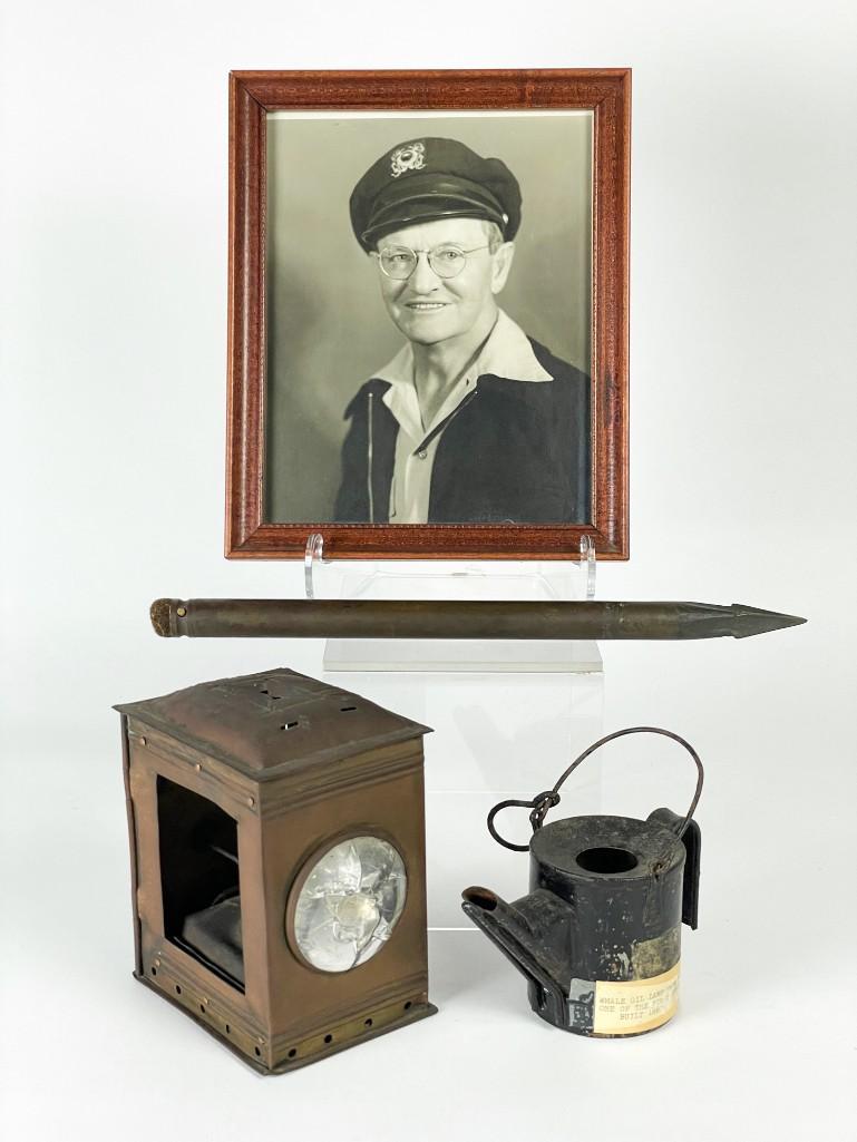 Lot Joe Gleason (1881-1959) Photo & Nautical Items: Photo of Joe Duncan Gleason (1881-1959) & Nautical Items Includes harpoon, oil lamps, and portrait of Joe Duncan Gleason. From Estate of artist Joe Duncan Gleason (California, 1881-1959) by descent in