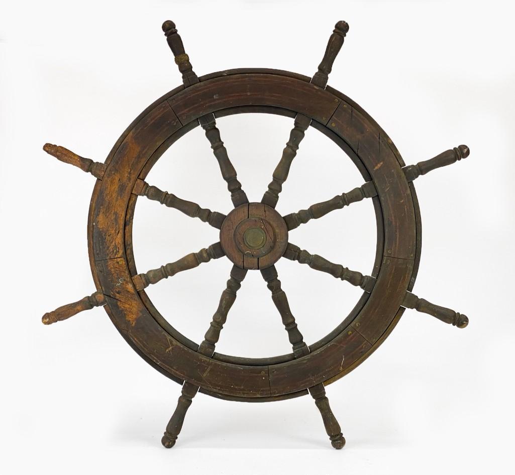 Antique Ship Wheel Joe Duncan Gleason Collection: Antique whale ship wheel salvaged by artist Duncan Gleason. From Estate of artist Joe Gleason (California, 1881-1959) by descent in the family. With rope markers on ship wheel. Approx. 53 in Diameter.