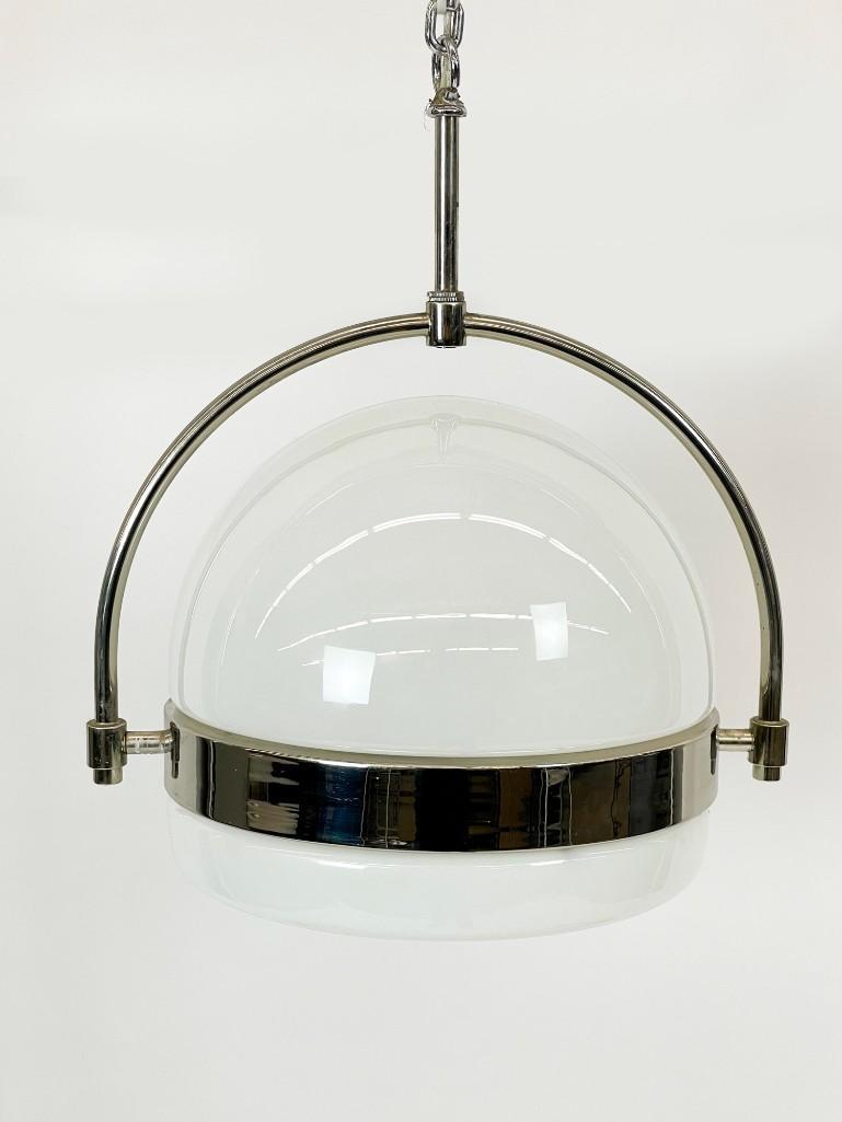 Impressive Mid Century Chrome Chandelier Pendant Lamp: Mid-Century Dome Pendant Lamp. Overall good condition. Approx. dimensions: 19 in. H x 15 in. W. Weight: 6.7 lbs.