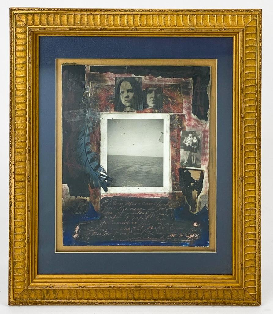 Jenny Hart (b. 1972) Mixed Media Collage Painting: Jenny Hart (b. 1972) Mixed Media Collage Painting Titled "Sea Shore Sore." Signed, dated 1988 on verso. Good condition. Visible approx. 8 x 6.5 in. Frame 13 x 11 in. Weight 1.9 lbs. Jenny Hart was bor