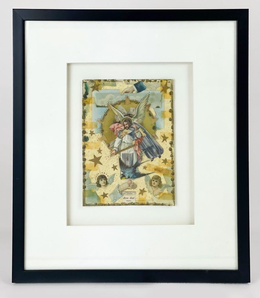 Jenny Hart (b. 1972) Mixed Media Collage Painting: Jenny Hart (b. 1972) Mixed Media Collage Painting Titled "Descent on Layers of Gold." Signed, dated 1993 on verso. Matting shows some discoloration. Shadowbox frame. Good condition. Visible approx. 8.