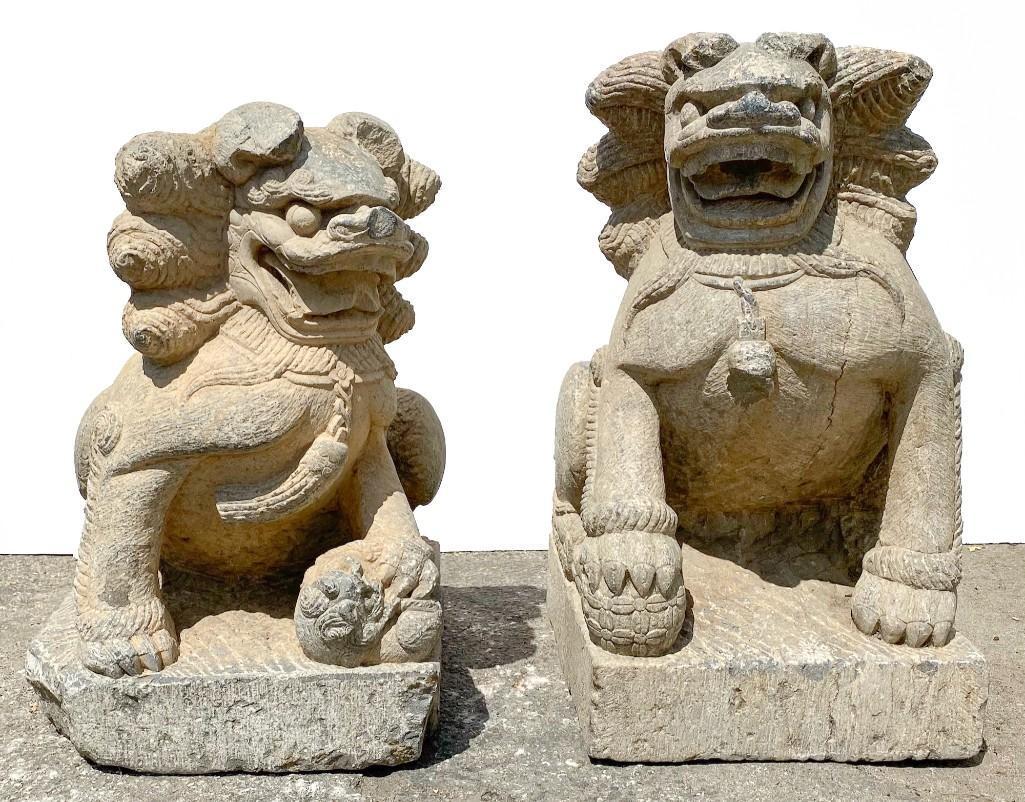 Large Pair Carved Stone Fu Dogs Garden Statues (1 of 11)