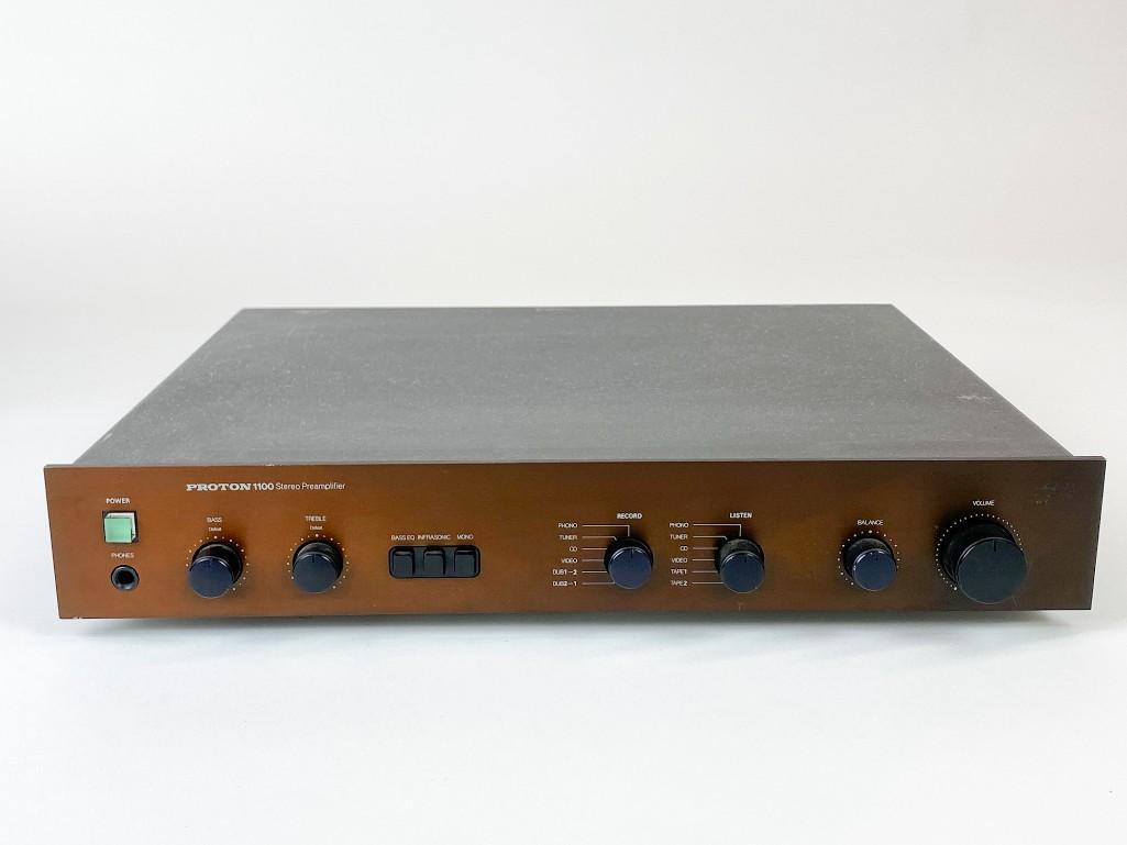 Proton 1100 Stereo Preamplifier: Proton 1100 Stereo Preamplifier. Overall good condition. Powers on. Approx dimensions: 2.75 in. H x 16.5 in. W x 14.5 in. Weight: 9.8 lbs.