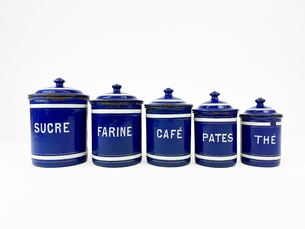 Set of 5 Vintage Blue Enamel French Kitchen Canisters (1 of 11)