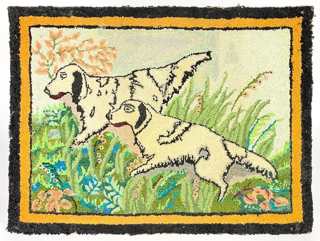 Vintage Latch Hooked Rug Art of Dogs in a Meadow (1 of 6)