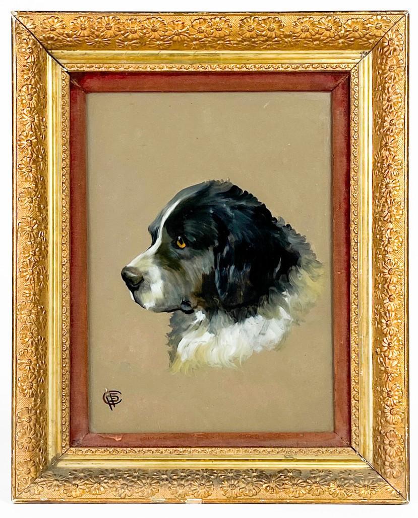 Antique Painting of Dog in Gold Frame Signed "C.F.P.": Antique Painting of Dog in Gold Frame Signed "C.F.P.". Frame has some wear/ cracking. Frame approx. 18.5 in. H x 14.5 in. W. Visible approx. 13.5 in. H x 9.5 in. W. Weight: 4 lbs.