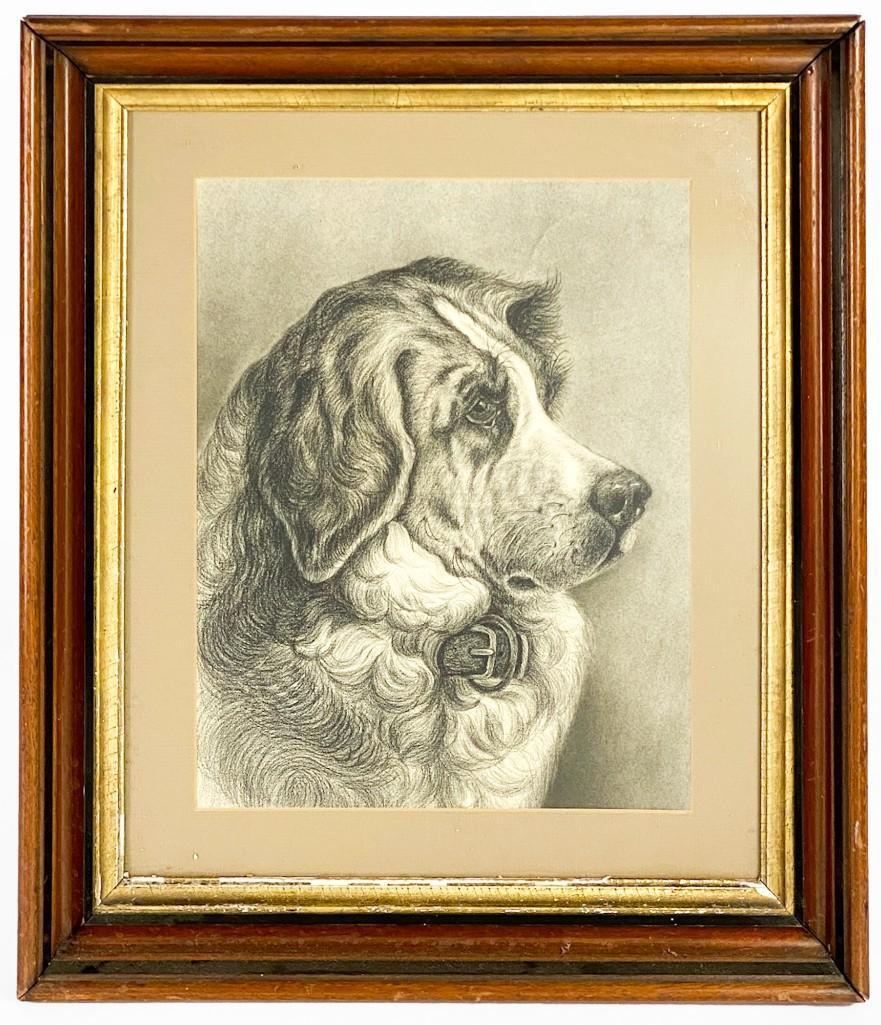 Vintage Reproduction Charcoal Drawing of Landseer Dog: Vintage Reproduction Charcoal Drawing of Landseer Newfoundland Dog Portrait. Some chips on frame. Frame approx. 21 in. H x 17.5 in. W. Visible approx. 13.5 in. H x 10.5 in. W. Weight: 5.5 lbs.