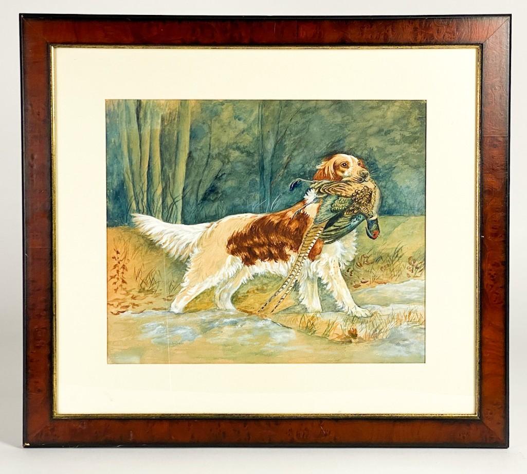 Original Watercolor Painting of Hunting Dog & Pheasant: Original Unsigned Framed Watercolor Painting of Hunting Dog and Pheasant. Very light wear on frame. Frame approx. 23.5 in. H x 26.5 in. W. Visible approx. 14.5 in. H x 17.5 in. W. Weight: 6.7 lbs.