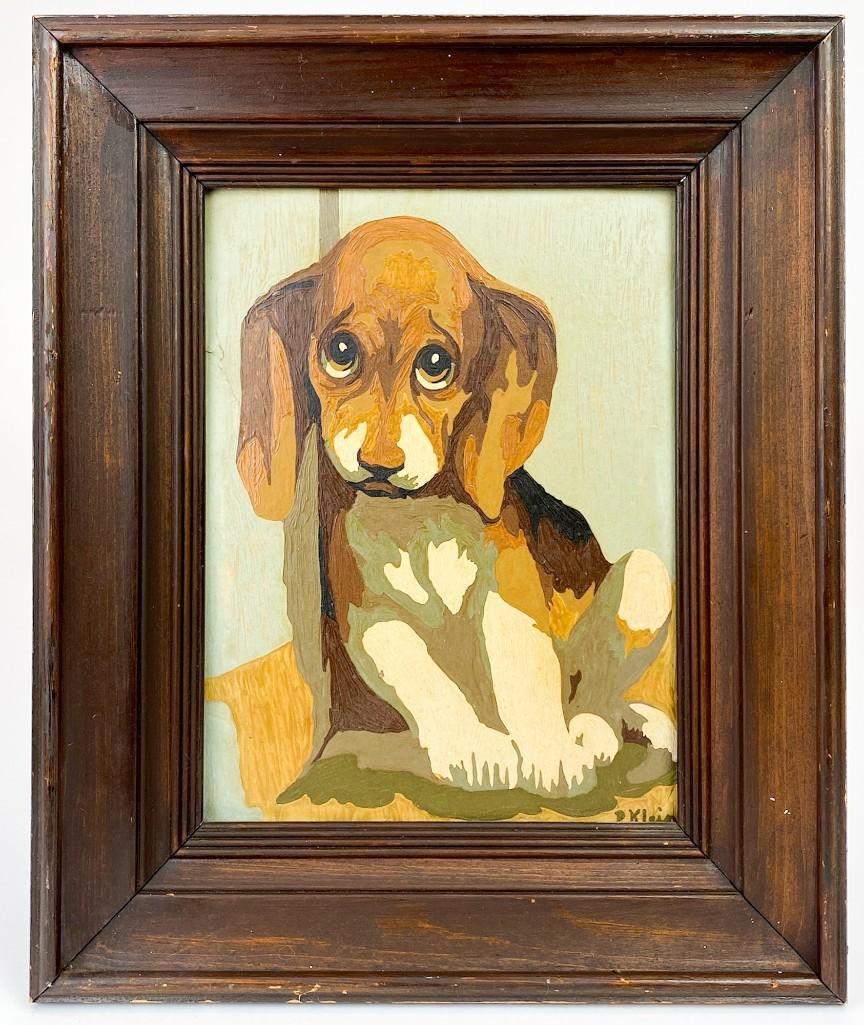 Signed P. Klein Framed Painting on Board "Beagle": Signed P. Klein Framed Painting on Board "Beagle". Some wear on frame. Small tear on edge of board. Frame approx. 17 in. H x 14 in. W. Visible approx. 11.5 in. H x 8.5 in. W. Weight: 1.5 lbs.