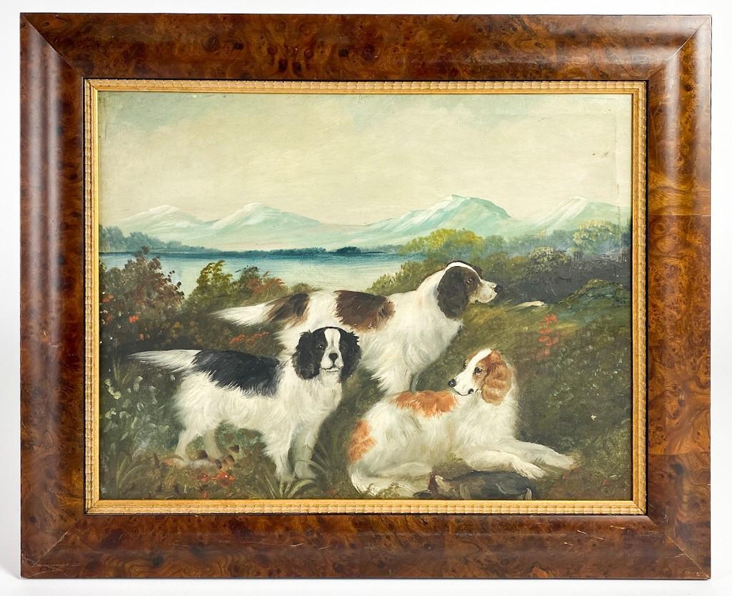 Vintage Unsigned Painting of Three Spaniels: Vintage Unsigned Painting of Three Spaniels. Light surface wear on frame. Frame approx. 18 in. H x 22 in. W. Visible approx. 13 in. H x 17 in. W. Weight: 2.7 lbs.