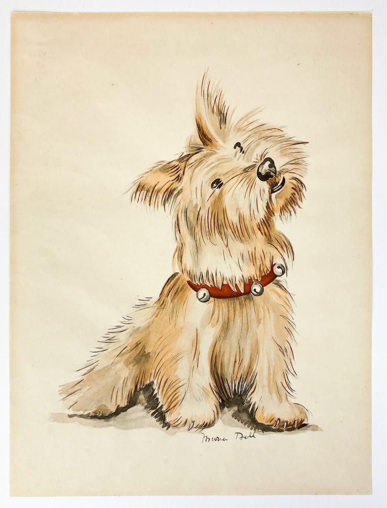 Signed Maria Doll Watercolor/Ink Drawing of Terrier (1 of 5)