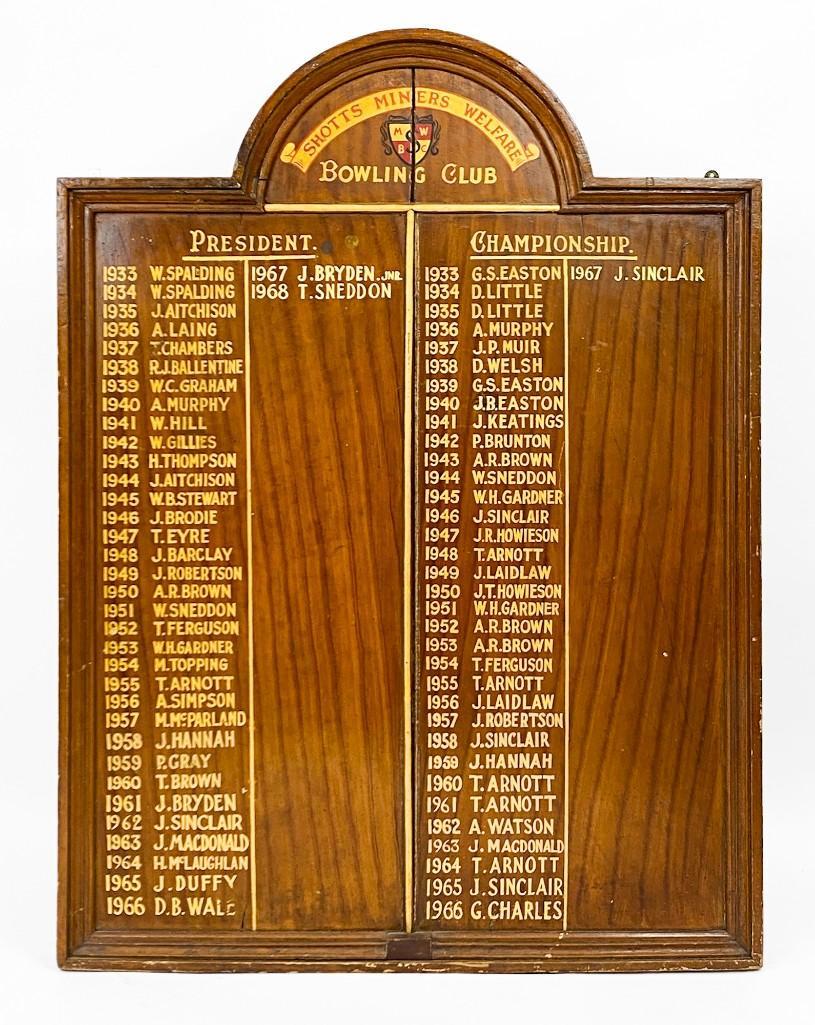 Vintage 1930s Shotts Miners Bowling Club Scoreboard: Vintage 1930s "Shotts Miners Welfare Bowling Club" President/Championship List Scoreboard. Beautifully stained wood grain. Approx. dimensions: 53 in H x 39 in W x 3 in D. Weight: 39.3 lbs.