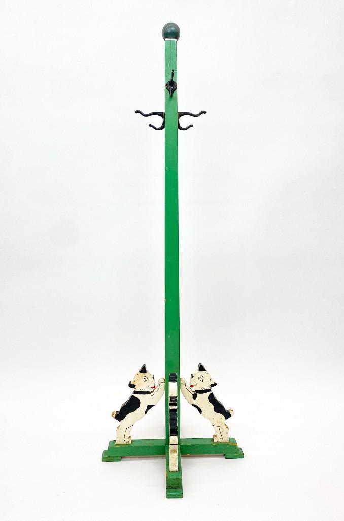 Folk Art Green Coat Stand w/ Painted Dogs (1 of 8)