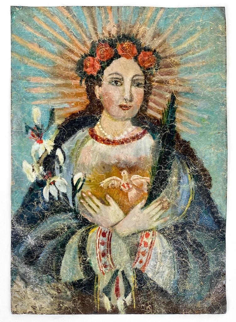 Antique Catholic Retablo on Tin, Mary w/ Floral Crown (1 of 6)