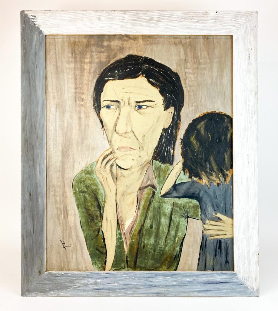Outsider Art Painting of Dorothea Lange Migrant Mother: Oil on Panel, Initialed KR. Approx. dimensions: visible: 29.5 in x 23.25 in; frame approx. 35.5 in x 29.5 in. Weight 6.75 lbs.