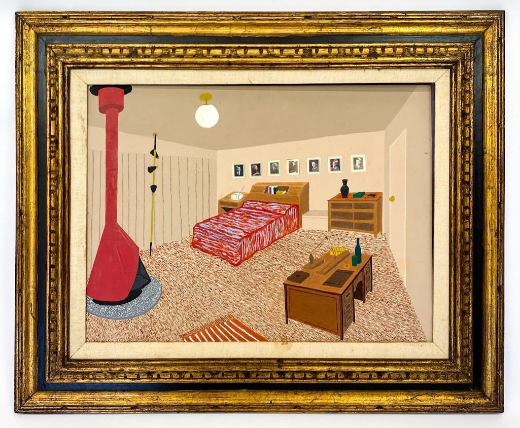 Artist Unknown Original Painting on Board Outsider Art: Artist Unknown Original Painting on Board Depicting Mid Century Modern Bedroom. Depicts iconic Mid Century Modern furniture, lighting, and fireplace. Small stain on frame. Approx. dimensions: frame: 2