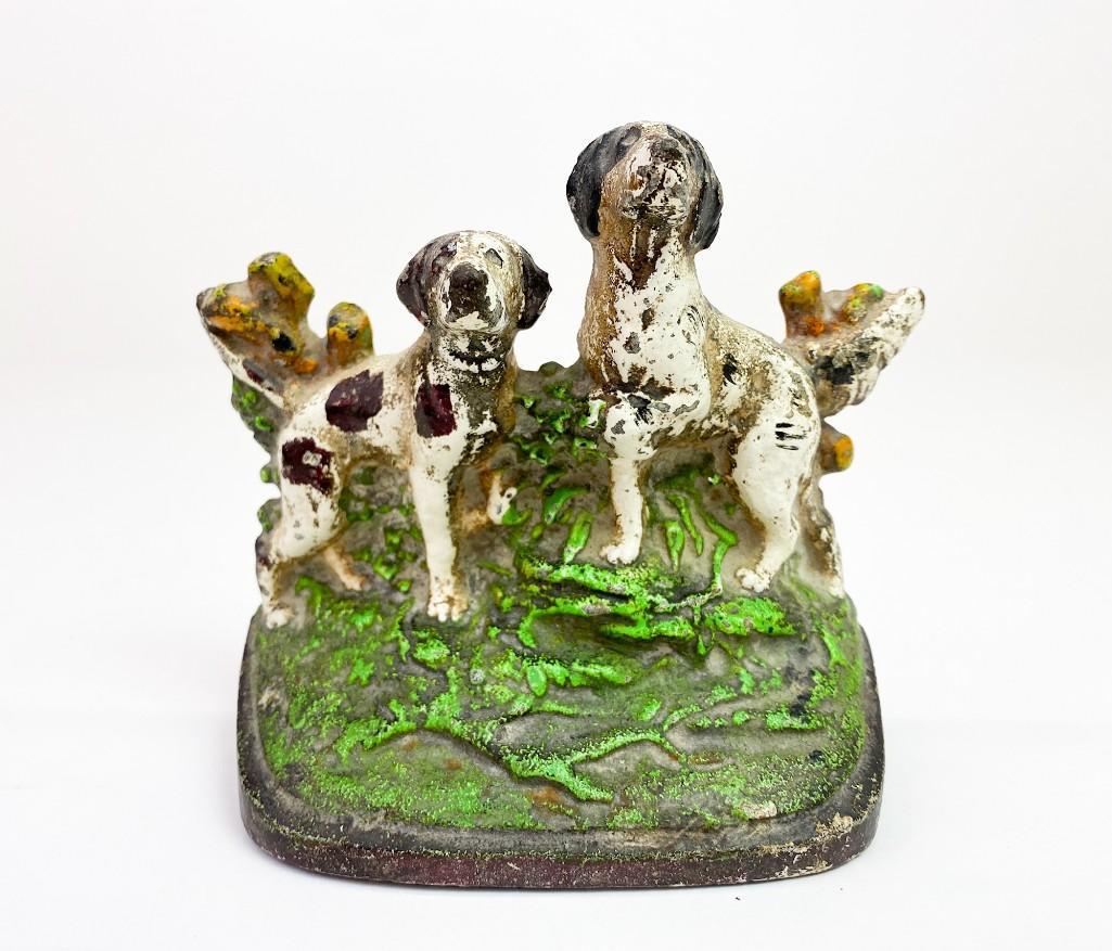 Cast Iron Painted Figure of Two Dogs on a Grass Mound (1 of 5)