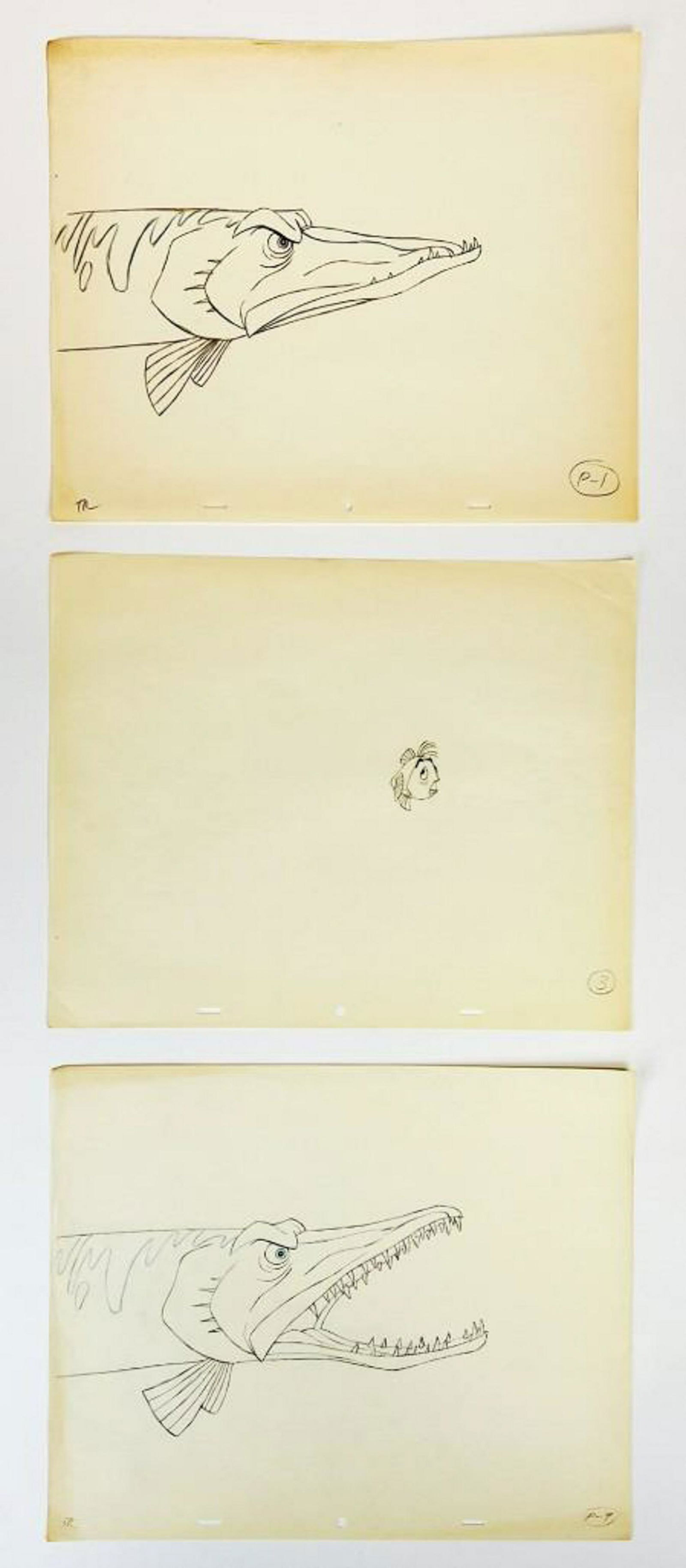 Lot of 3 Original Disney Wart/Pike as Fish Sword in the Stone Production Drawing (1 of 4)