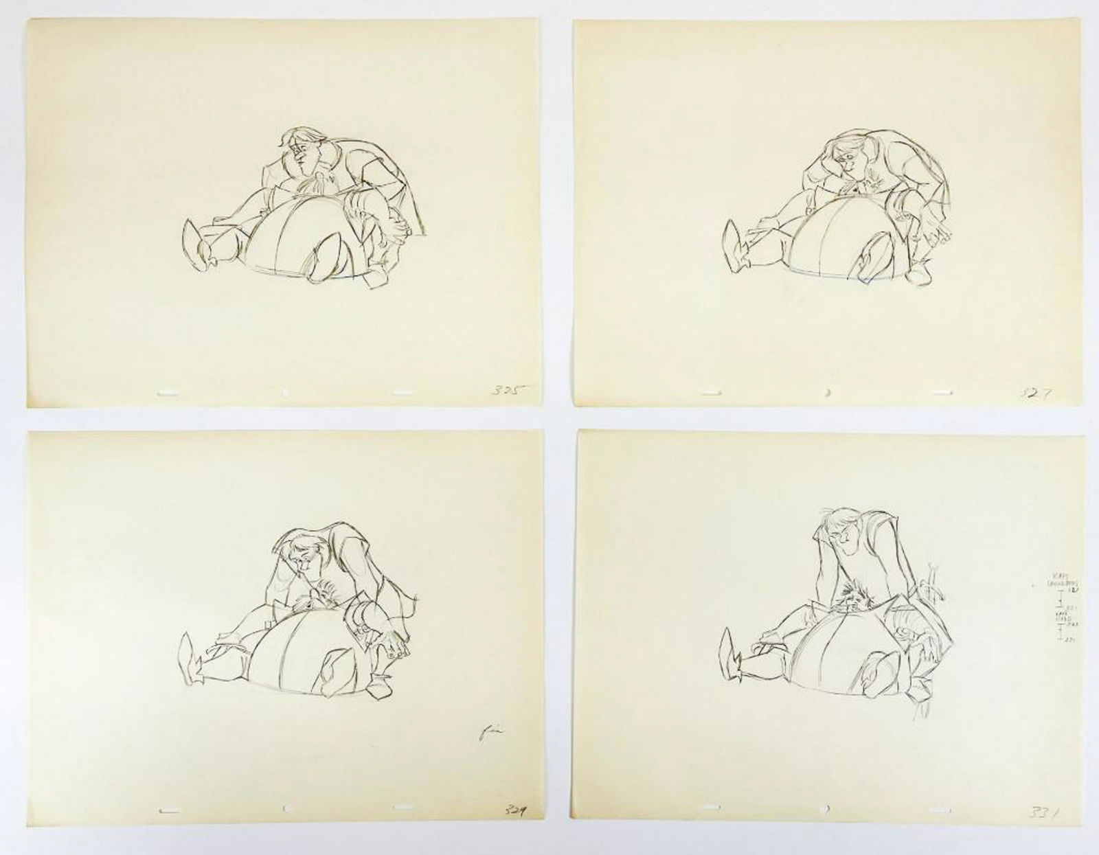 Lot of 4 Original Disney Sir Ector & Kay Sword in the Stone Production Drawings: Lot of 4 Original Disney Sir Ector & Kay Sword in the Stone Production Drawings. Original production drawings featuring Sir Ector and Sir Kay from The Sword in the Stone (Walt Disney Productions, 1963