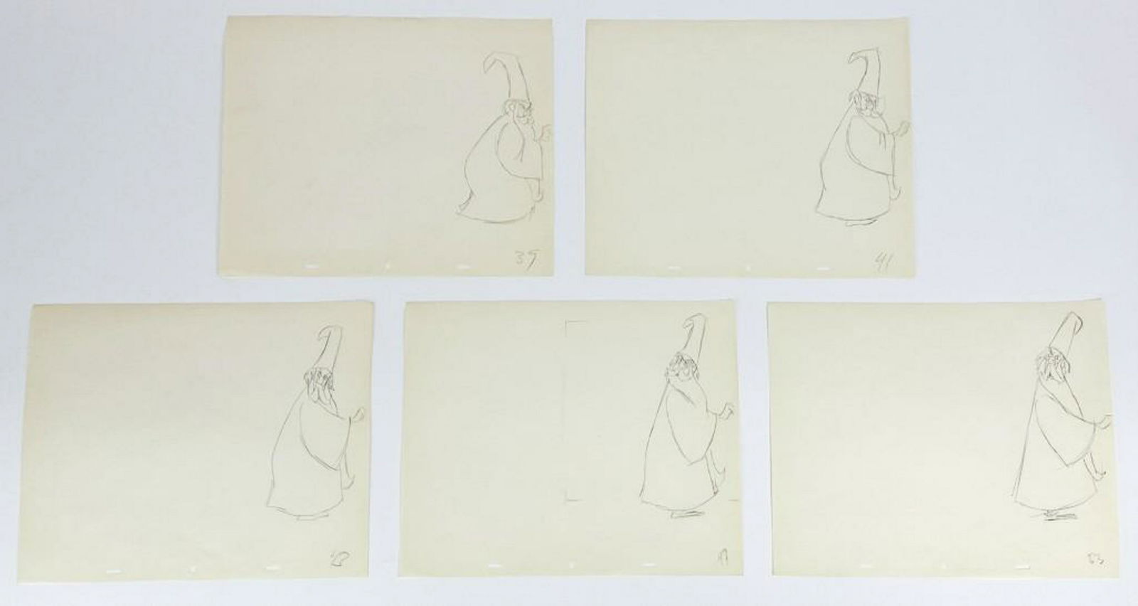 Lot of 5 Original Disney Merlin Sword in the Stone Production Drawings: Lot of 5 Original Disney Merlin Sword in the Stone Production Drawings. Original production drawings featuring Merlin from The Sword in the Stone (Walt Disney Productions, 1963). Drawings pencil numbe