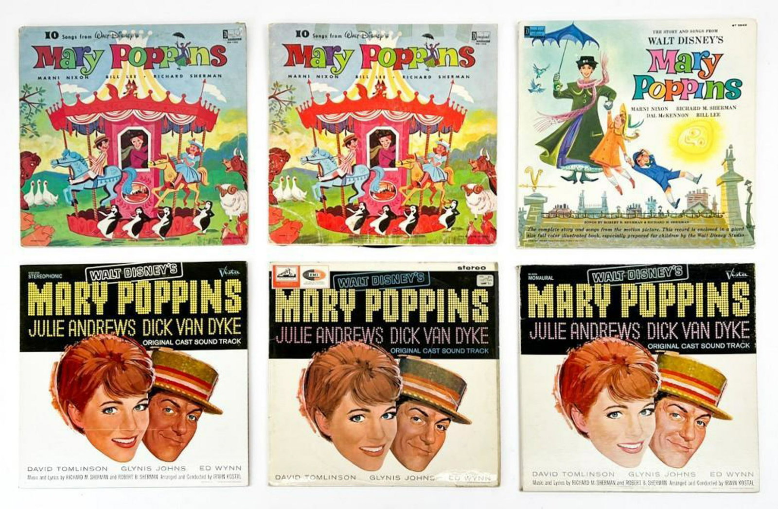 Lot of 6 Vintage 1960s Mary Poppins Disney Records: Lot of 6 Vintage 1960s Mary Poppins Disney Records. As- is, untested. Some wear on jackets/records. Combined weight: 4.2 lbs.