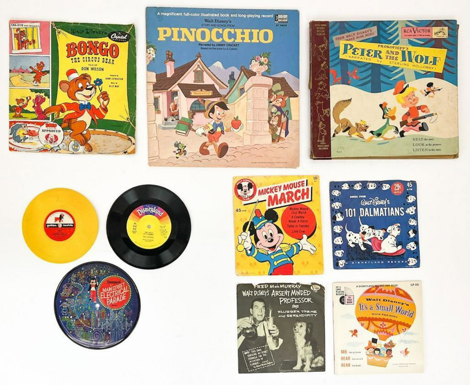 Lot of 10 Disney Vintage Records Electrical Parade, Pinocchio and more: Lot of 10 Disney Vintage Records Electrical Parade, Pinocchio and more. As-is, untested. Combined weight: 3.3 lbs.