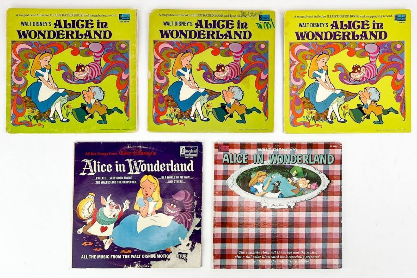 Lot of 5 Vintage 1960s Alice in Wonderland Disney Records: Lot of 5 Vintage 1960s Alice in Wonderland Disney Records. As- is, untested. Some wear on jackets/records. Combined weight: 3.2 lbs.